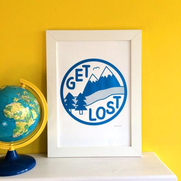 Get Lost Screenprint, Get Lost Art Print, Mountain Poster, Adventure Print, Explore Print, Camping Art, Blue Pink Mountain Art, Screen Print