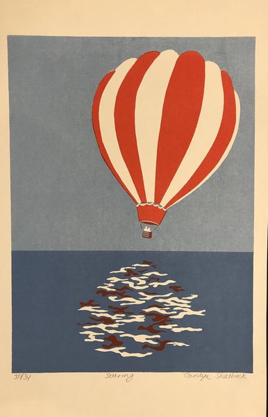 Hot air balloon SOARING - Vintage 80s- Unframed hand signed serigraph by the artist Carolyn Shattuck. Limited edition